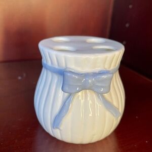 French Fine Bone Vintage Ceramic  Toothbrush Holder with Blue Bow